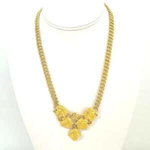 Necklace Pendant Vtg Leaf Cluster Curb Link Chain Statement Double Gold Tone